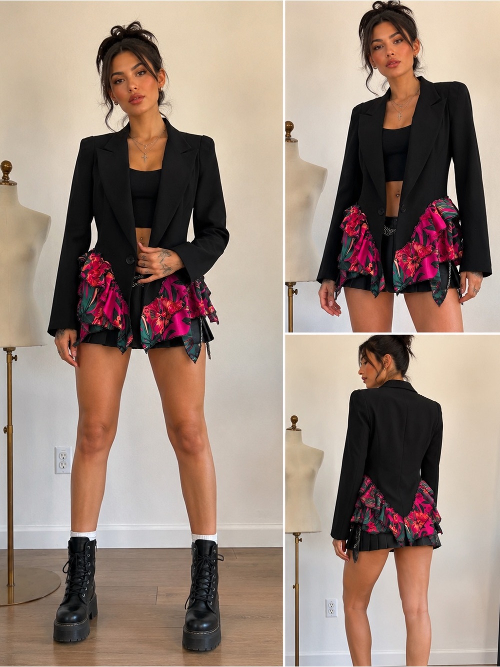 Black Blazer with Pink Floral Ruffle Hem